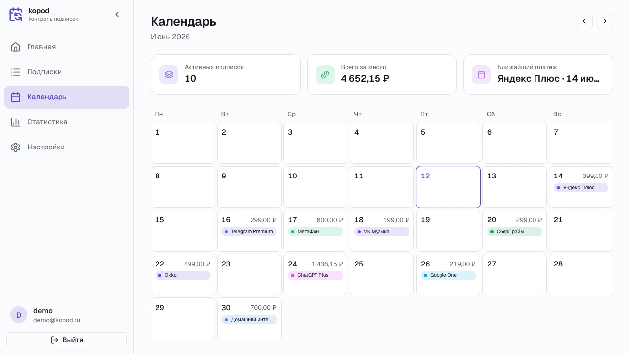 Календарь списаний в kopod